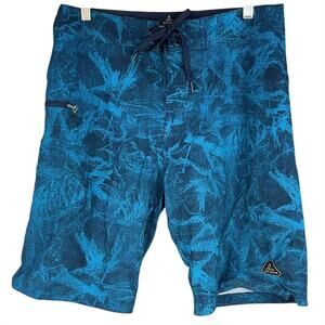 PRANA Men's Fenton 10" Boardshorts Size 31 UPF 50+ Blue Foliage Zip Pocket